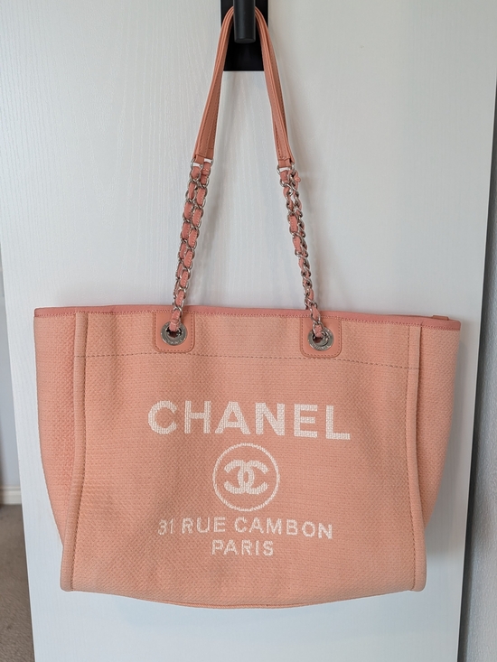 CHANEL Handbags - CHANEL Deauville Peach Canvas  Chain-Handle Logo Tote
